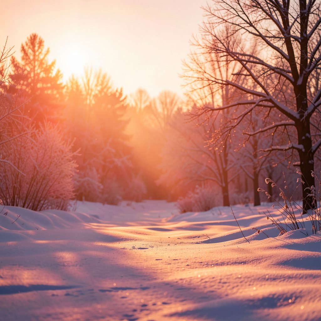 Warm winter scene with soft glowing lights and pastel red decorations on a quiet street