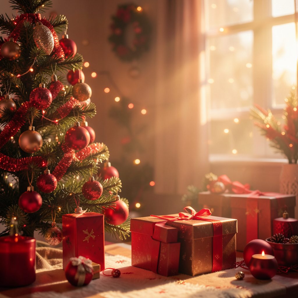 Warm golden-hour photograph of glowing holiday lanterns in soft red and gold tones