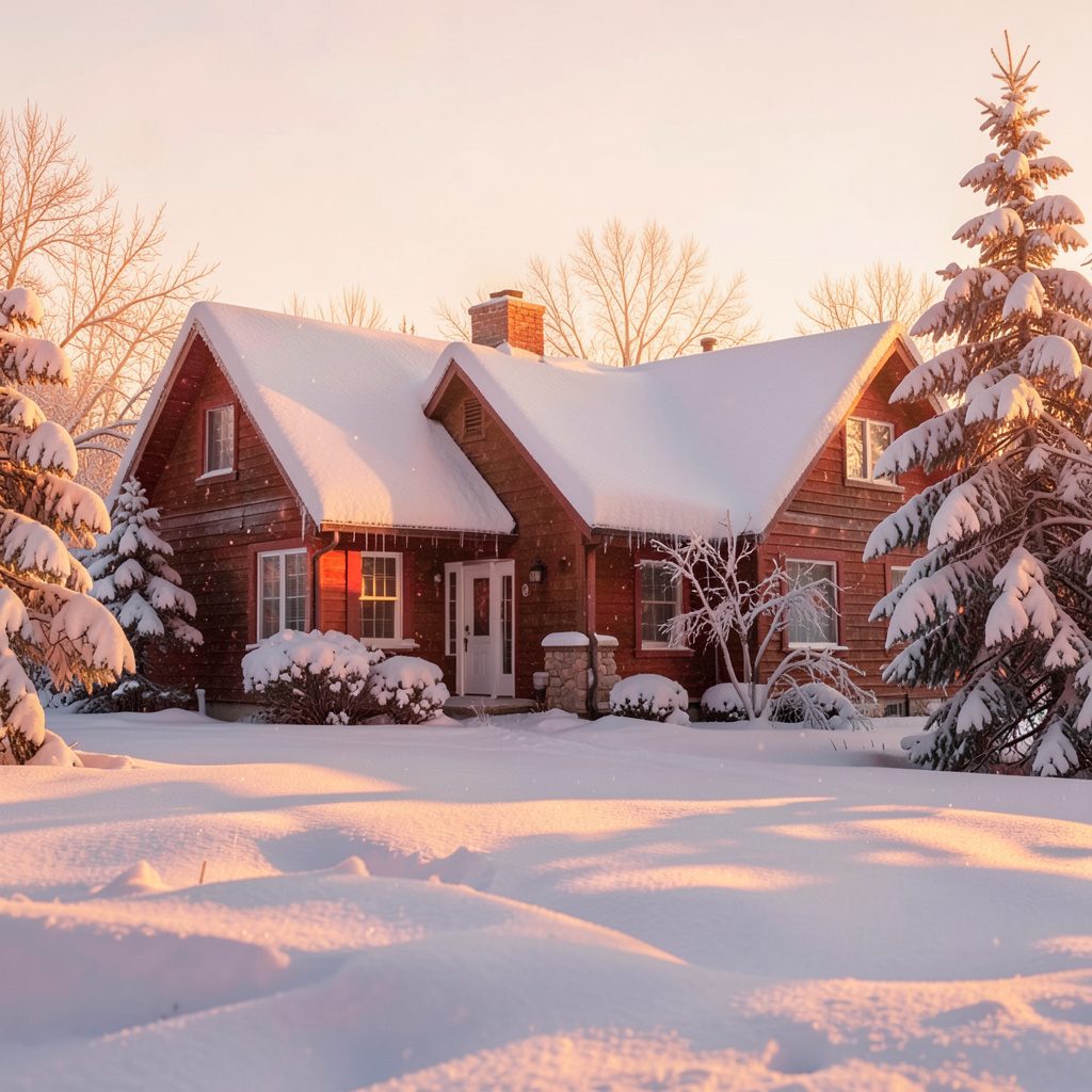 Photograph of a quiet snow-covered countryside house at golden hour, warm amber light on white snow
